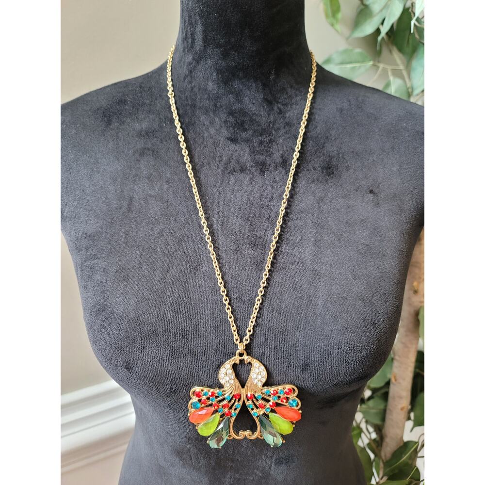 Women's Colorful Peacock Pendant Necklace with Gold Chain and Crystal Accents